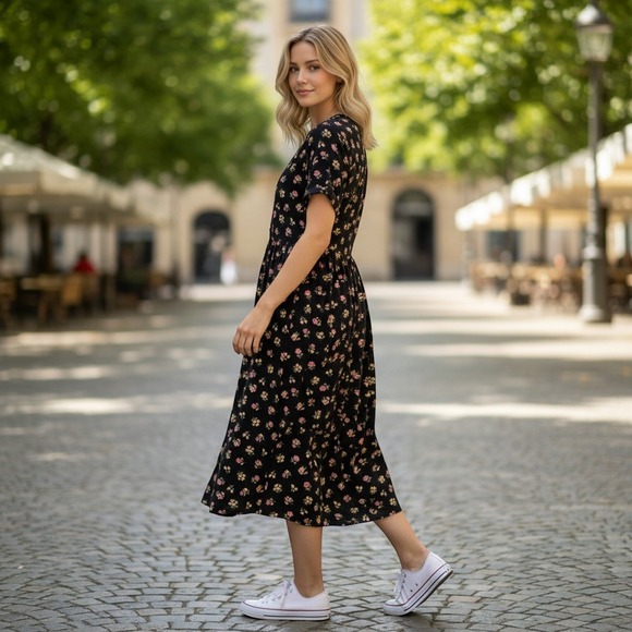 Erika Studio Dresses & Skirts - Vtg 90's Erika Studio Black Floral Midi Tie Back Cottage Prairie Rayon Dress MP